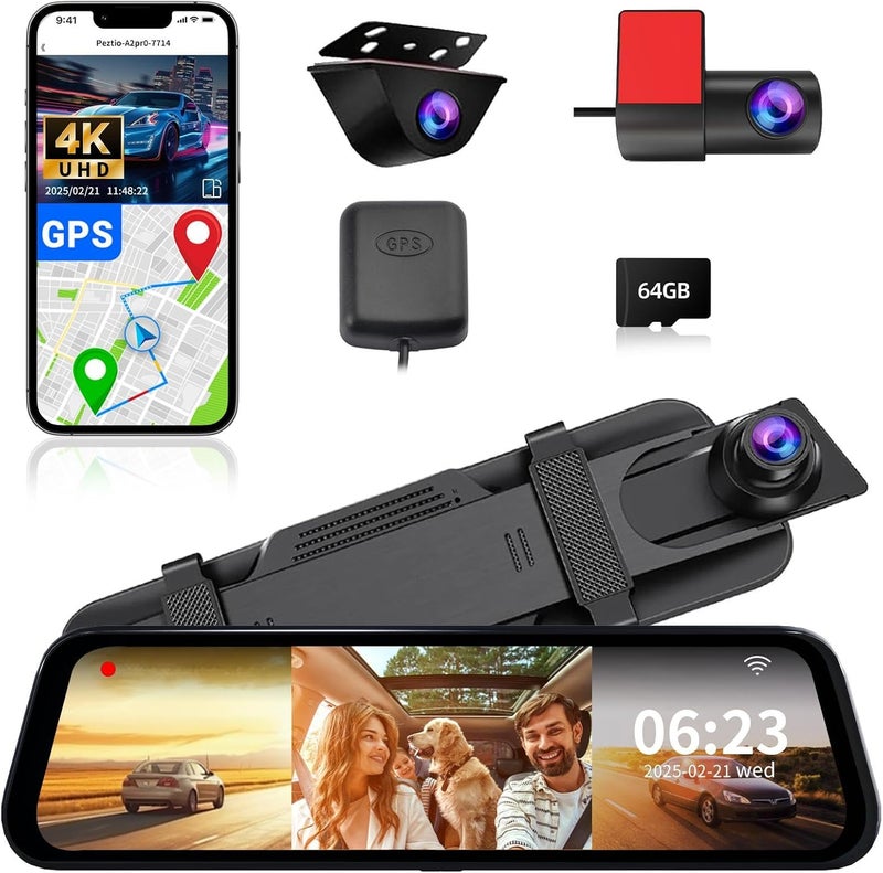 QOZ 3 Channel Mirror Dash Camera, 4K/3K+1080p+1080p Rear View Mirror Camera with GPS, APP Control, WDR Night Vision, G-Sensor, Loop Recording, 24 Hours Parking Monitor, 64GB Card Included - Image 1